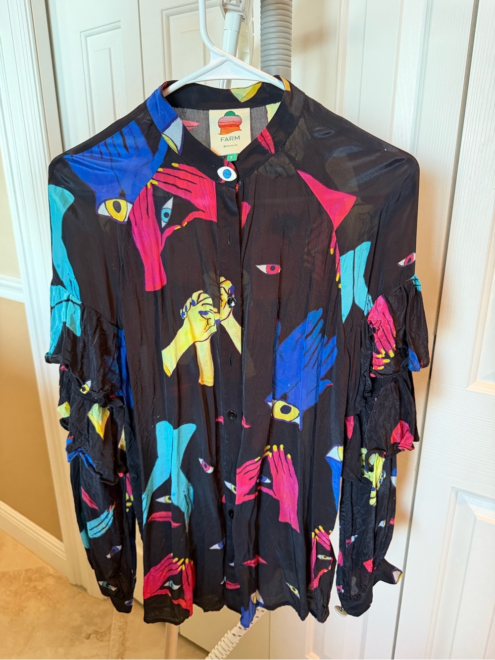 FARM Rio Black Button-Down Shirt with Multicolor Hand & Eye Print